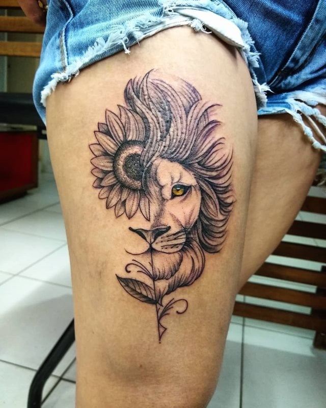 tattoo femenino leon para la pierna 06