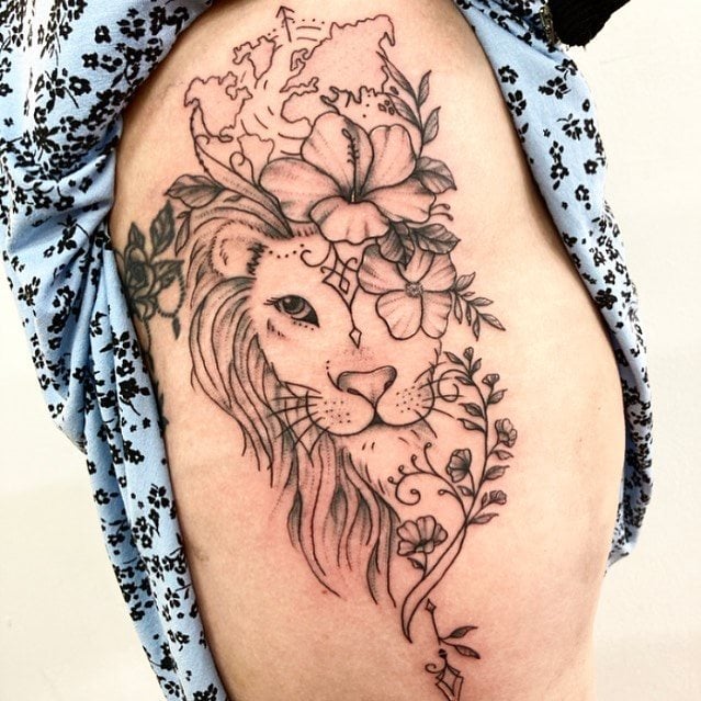 tattoo femenino leon para la pierna 33