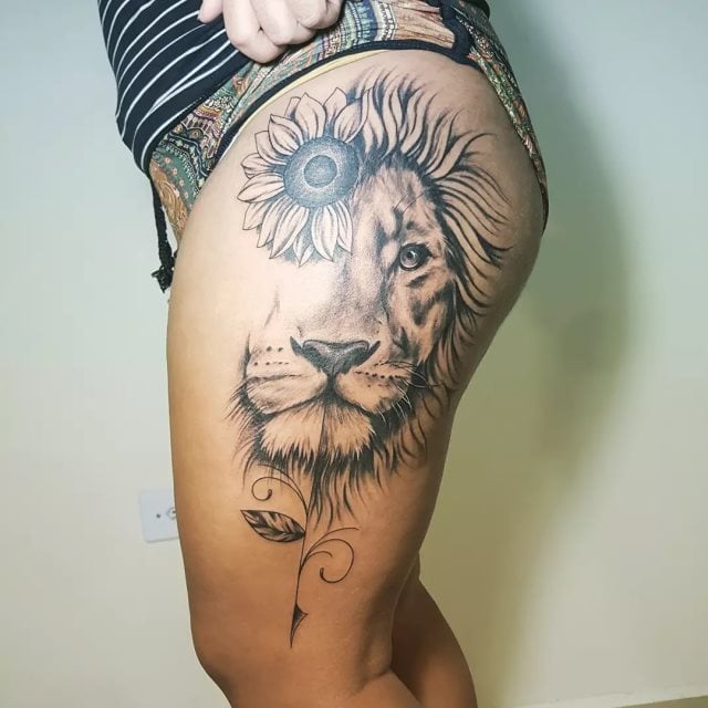 tattoo femenino leon para la pierna 40