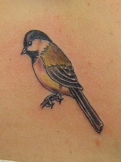 Un bonito tatuaje de un gorrin apoyado sobre una rama hecho en tonos negros y amarillos