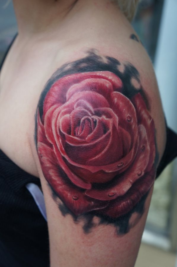 Diseo de una rosa en tonos rojos y con gotas sobre la superifice