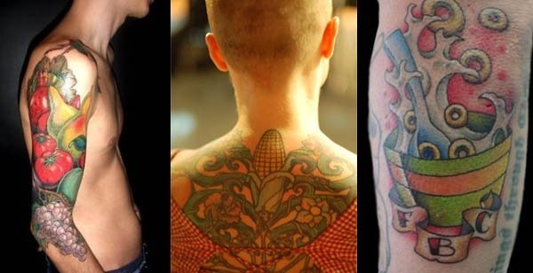 Se puede observar varios diseos en esta imagen, por un lado verduras y hortalizas en uno de los brazos (lleno de colorido y diferentes formas, por no mencionar la originalidad del diseo), una mazroca de maz con flores a modo de fondo tatuado en la espalda y por ltimo, uhn cuenco de cereales con un sombreado rojo que no le hace ningun favor