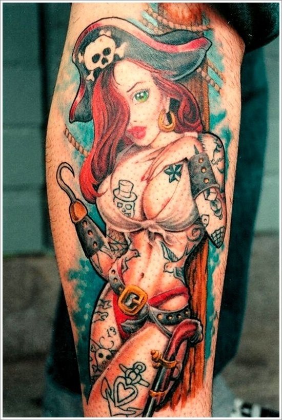 Otro diseo de una pin up tatuada con colorido cabello y con un fondo muy bonito