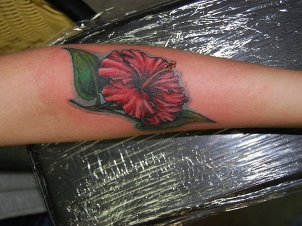 En esta ocasin tenemos un tatuaje de un hibisco situado en el antebrazo que es bastante colorido, con cada parte de la flor bien diferenciada con vivos colores como el roj y el verde