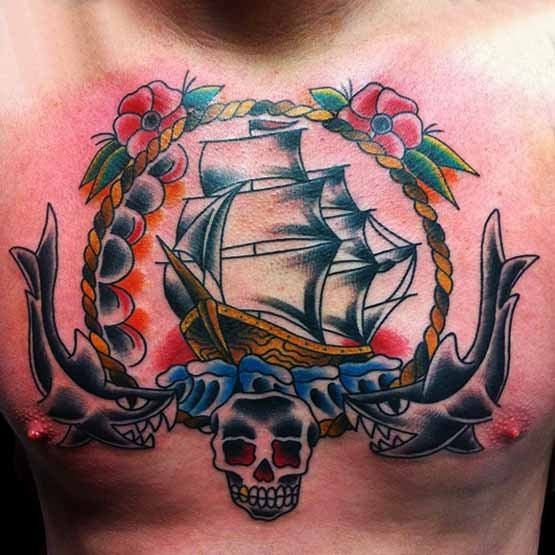 Fantsitoc diseo de puro estilo old school en el que se ha representado un barco dentro de un marco que combina diferentes elementos desde una calavera hasta unas flores y con un colorido muy bueno y muy acertado en cuanto a la eleccin de los tonos a utilizar