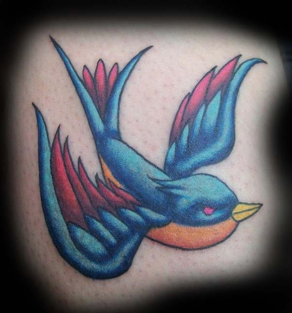 Tatuaje de una golondrina en tonos azules y rojos que se ha dejado la parte de debajo de la golondrina para dotarla de un color anaranjado y el pico de color amarillo