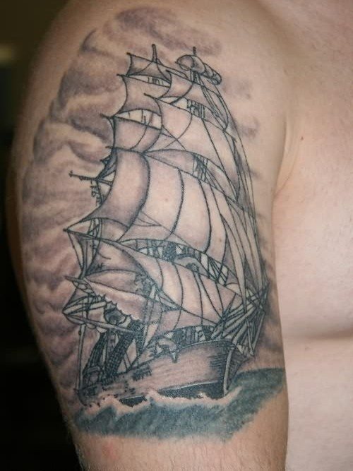 Diseo de un barco pirata con un fondo en tonos negros y grises y con un trazado muy bueno