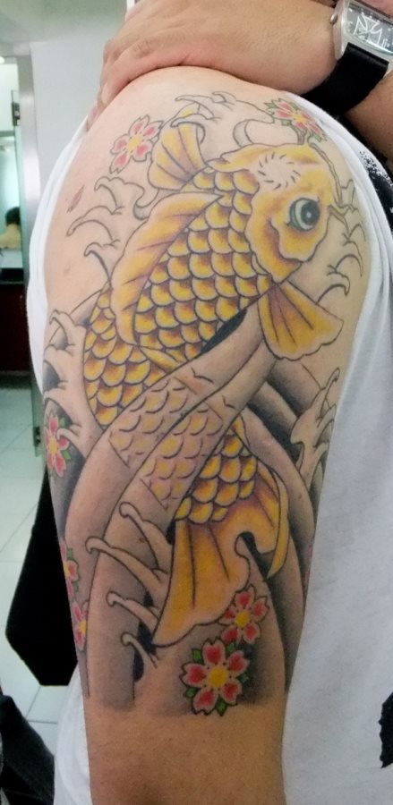 Koi de color amarillo junto a unas flores de nuevo