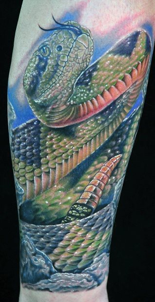 Excelente diseo de una serpiente hecha en tonos verdosos, azulados con toques de tinta negra que le dan luz y hacen el diseo ms real