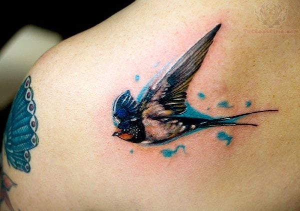 Golondrina tatuada sobre la espalda en varios colores y rodeada por un fondo de color azul, un tatuaje muy bonito, pero que no quita protagonismo a la espectacular mariposa azul que se ha tatuado más a la izquierda