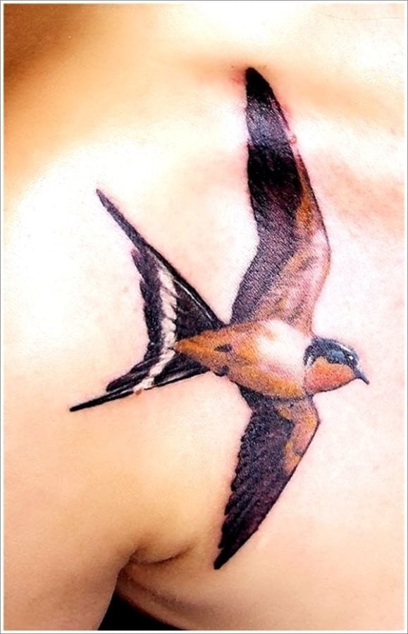 Otro tatuaje de golondrina, esta vez tatuado sobre el pecho y muy cerca de la axila y en el que la gran apertura de las alas de la golondrina le dan un resultado inmejorable a este tatuaje