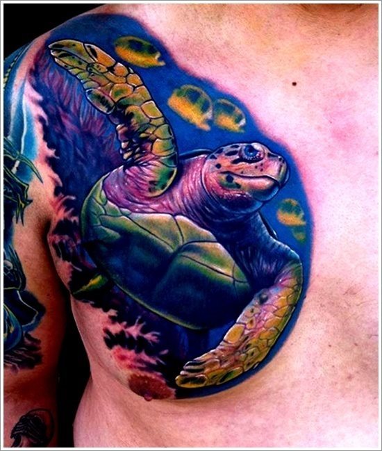 Un magnfico tatuaje de una tortuga marina sobre un bonito fondo con mucho colorido y muy realista