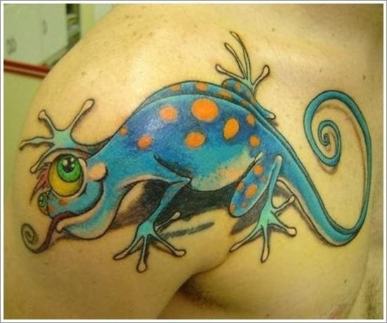 Un diseo divertido de un reptil en tonos azules y naranjas y con ojos saltones