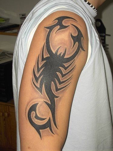 Tatuaje con motivos tribales que forma un escorpión, ha sido tatuado en el hombro a color negro y se ha utilizado un difuminado bastante acertado para que no pareciera un soso tatuaje, aún así es un tatuaje un tanto arriesgado por el dibujo y porque los tribales vienen y pasan de moda