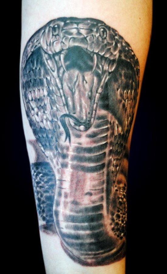 Tatuaje de una serpiente cobra con una gran boca y dientes, de la que nos gusta particularmente los brillos blancos que impregnan de algo de realismo a este tatuaje, que no es precisamente el que más nos guste, pero a pesar de ello, creemos que le ha quedado muy bien en la piel de esta persona