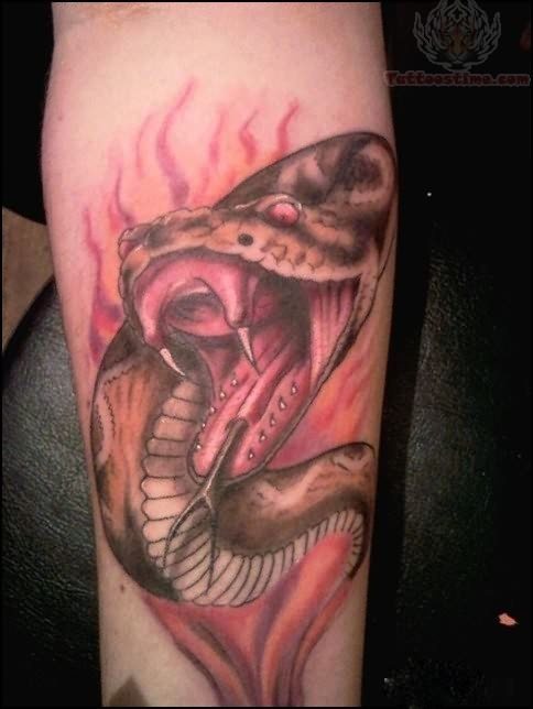 Tatuaje de una septiente con la boca abierta y con un sombreado que no sabemos con exactitud si pretenden emular a unas llamas o al vaho que desprende la serpiente la tener la boca abierta