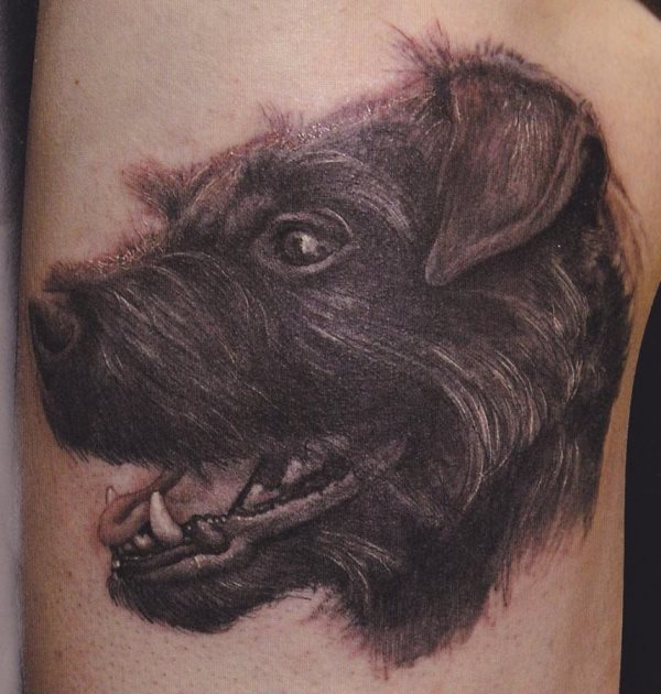Tatuaje de un perro en el que resalta con gran notoriedad el buen trabajo realizado para el pelaje del animal, donde no se han dejado escapar ni los pelos en blanco, un trabajo sencillamente excepcional que han dado como resultado un perro muy realista