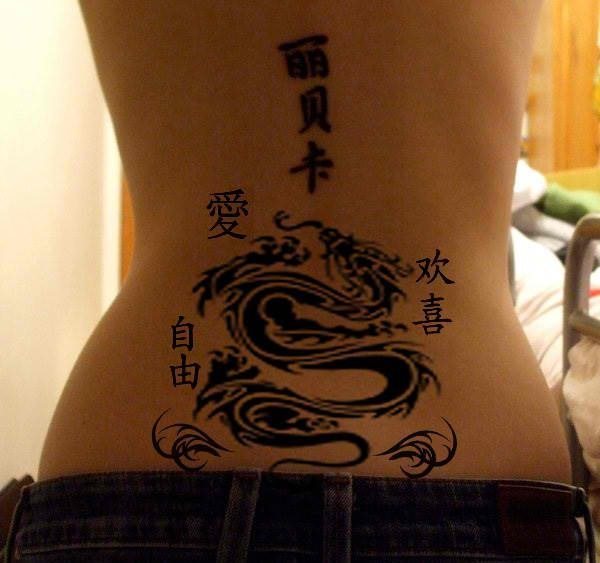 Tatuaje de un dragón tribal sobre la espalda y unas letras chinas en la columna vertebral, tatuaje al que con algún programa de retoque fotográfico se le han añadido otras letras chinas como boceto para ver como quedarían si se tatuaran sobre la espalda