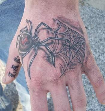 Tatuaje en la mano de una tela de araa y el arcnido