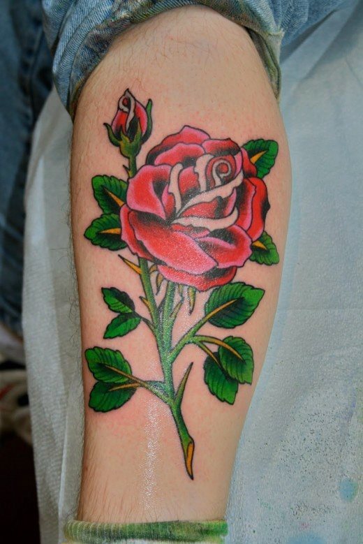 Tatuaje de una rosa roja con sombreados negros a la que se le ha incluído otra rosa aún sin abrir y un gran tallo con espinas y hojas verdes, de muy buen sombreado conseguido, un bonito tatuaje que queda muy bien en la pierna de esta persona