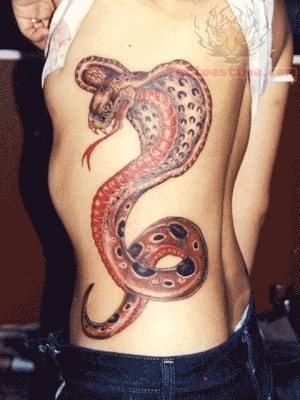 Serpiente cobra tatuada sobre el costado con unos grandes colores y sombreados, al igual que se ha alcanzado un gran resultado en las cuvas que va haciendo la serpiente