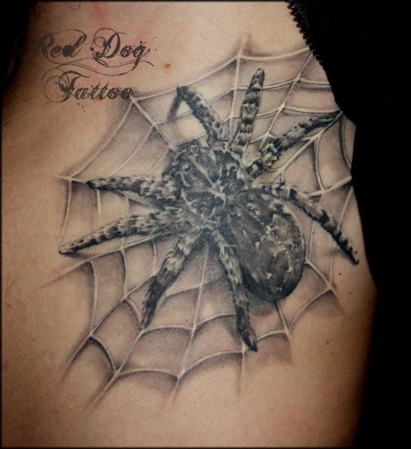 Tatuaje de una araña posada sobre una gran telaraña, se decía que años atrás las telarañas se tatuaban por cada año de condena que un reo había pasado en prisión, una historia que cada vez queda más en el pasado, ya que hoy en día son muchas las personas que sin haber pasado por prisión, se tatúan telas de araña