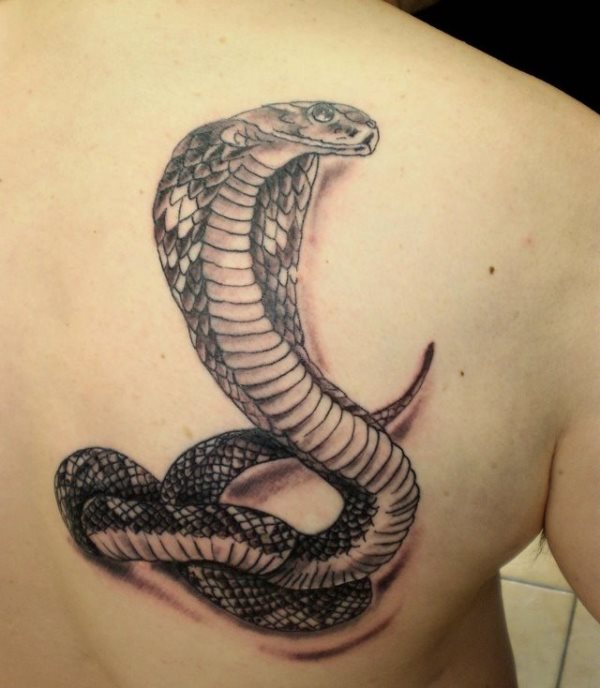 Cobra tatuada en la espalda con la boca cerrada, detalle diferente ya que casi siempre suelen tatuarse las cobras con la boca abierta y, sin embargo, en este caso se ha dado por encontrar ese puntito diferente en tatuar una cobra con la boca sin estar abierta