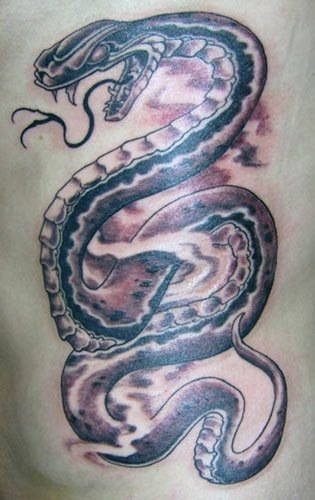 Tatuaje de una serpiente curvada de la que el propio fondo difuminado hace las veces de humo que en algunas partes de la serpiente lo envuelve y dan un aspecto de movimiento y espacio al tatuaje