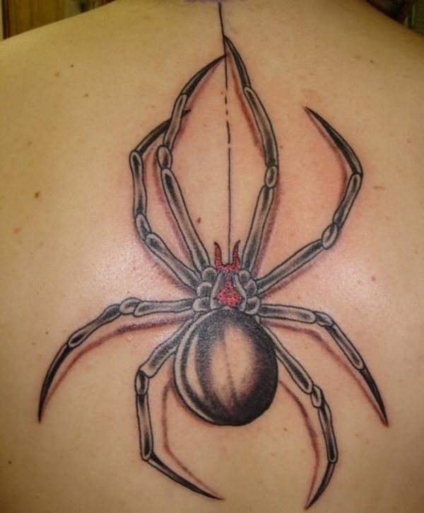 Otro diseño de tatuaje de araña, pero esta vez se le ha introducido un toque de originalidad al estar pendiendo de una de las telas de araña, la propia araña, además la parte escogida para el tatuaje es muy propicia y creemos que le ha quedado muy bien