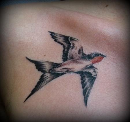 Tatuaje de una golondrina negro y con el buche de color anaranjado que parece haber sido tatuado cerca de la clavícula, dando comoresultado un magnífico tatuaje, gracias sobre todo al buen acabado de los brillos del tattoo
