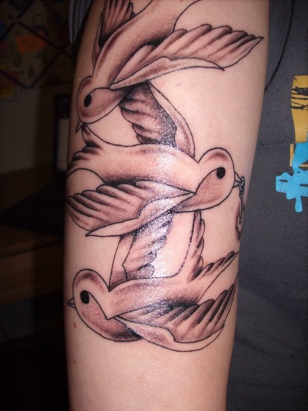Conjunto de tres golondrinas componen este tatuaje, todas las golondrinas están superpuestas unas encima de otras para hacer un precioso tatuaje de pájaros, en el que como podemos apreciar, la golondrina de en medio lleva algo sobre su pico, como una especie de pequeña cadenita Conjunto de tres golondrinas componen este tatuaje, todas las golondrinas están superpuestas unas encima de otras para hacer un precioso tatuaje de pájaros, en el que como podemos apreciar, la golondrina de en medio lleva algo sobre su pico, como una especie de pequeña cadenita