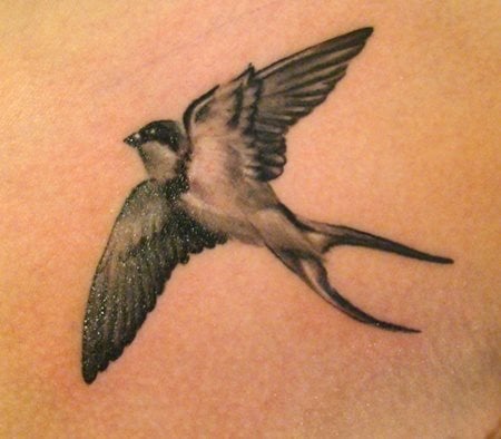 Tatuaje de una golondrina en pleno vuelo, del que debemos destacar el buen acabado en las alas, ya que como se puede apreciar es un gran trabajo por parte del tatuador, el haber conseguido con sombras y partes en blanco unas alas bastante realistas