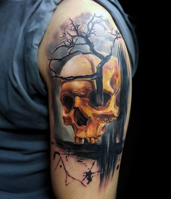 tatuaje calavera y arbol para hombre 02