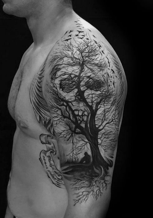 tatuaje calavera y arbol para hombre 06