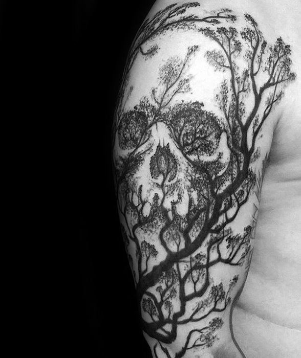 tatuaje calavera y arbol para hombre 12