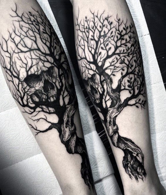 tatuaje calavera y arbol para hombre 17