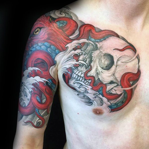 tatuaje manga pulpo pecho para hombre 33