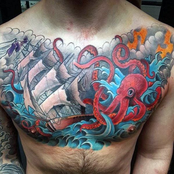 tatuaje pulpo pecho para hombre 17