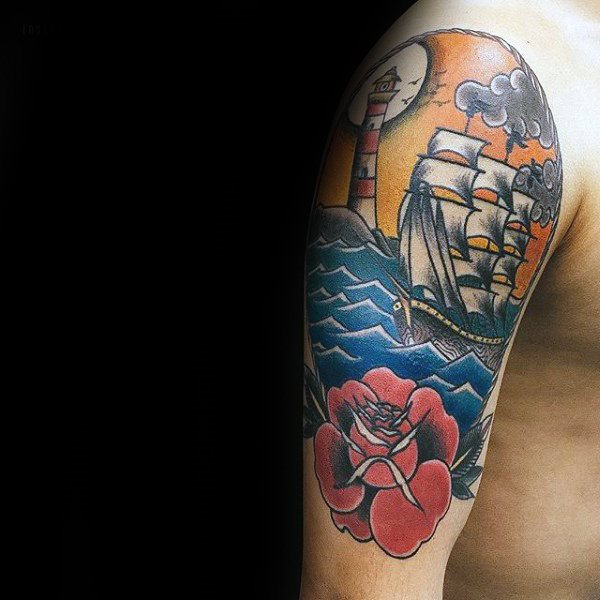tatuaje tradicional barco para hombre 37