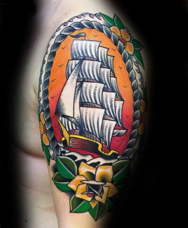 tatuaje tradicional barco para hombre 44