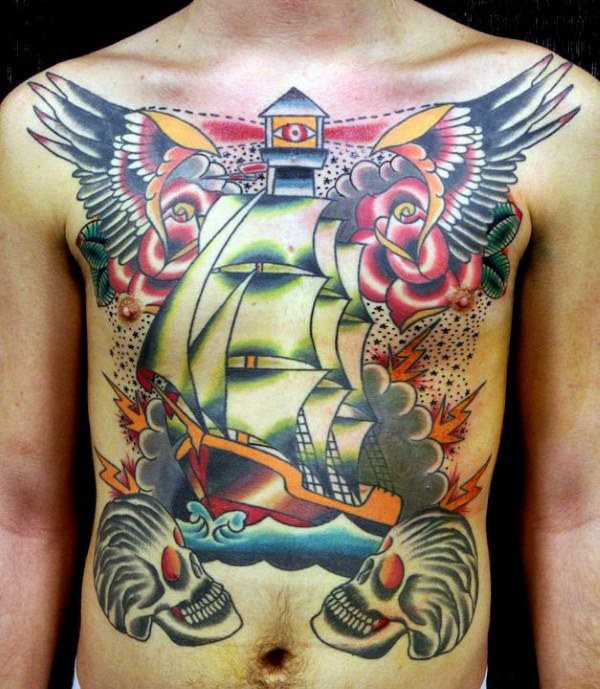 tatuaje tradicional barco para hombre 50