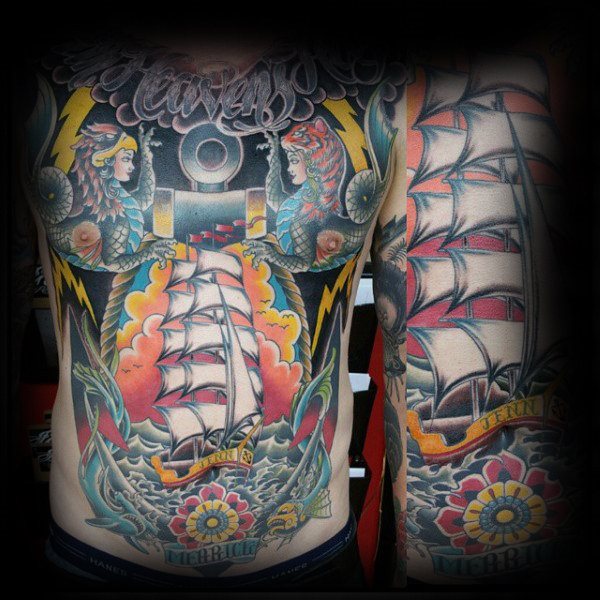 tatuaje tradicional barco para hombre 54